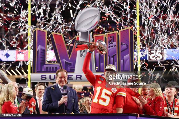 Patrick Mahomes of the Kansas City Chiefs holds the Lombardi Trophy after defeating the San Francisco 49ers 25-22 during Super Bowl LVIII at...