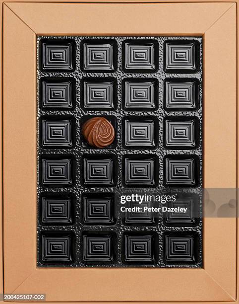 single chocolate in empty box, overhead view - box of chocolates stock pictures, royalty-free photos & images