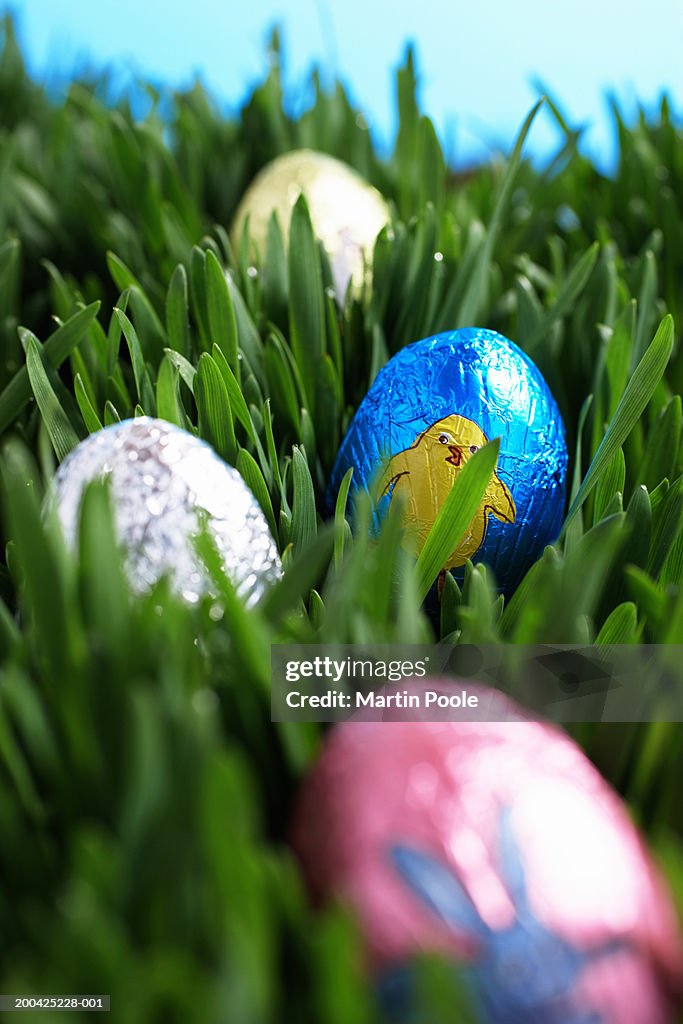 Foil wrapped Easter eggs in grass