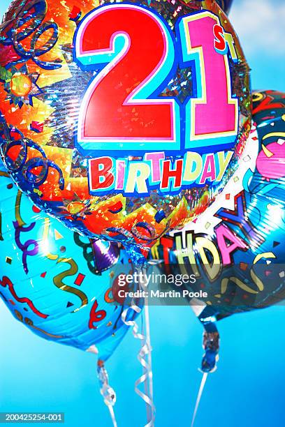 three twenty first birthday balloons, close-up - 21st birthday stock pictures, royalty-free photos & images