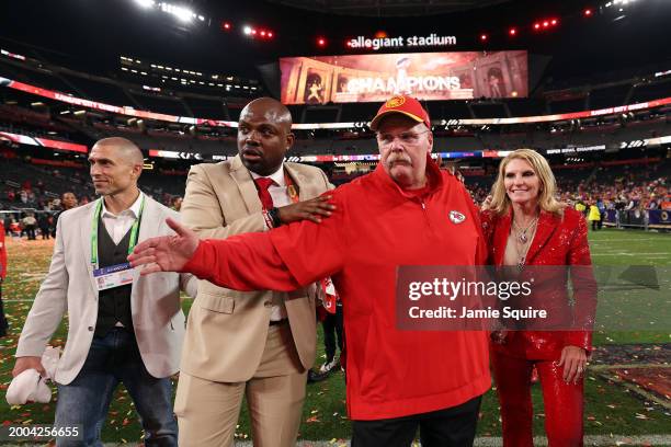 Head coach Andy Reid of the Kansas City Chiefs walks with wife Tammy Reid after defeating the San Francisco 49ers 25-22 during Super Bowl LVIII at...