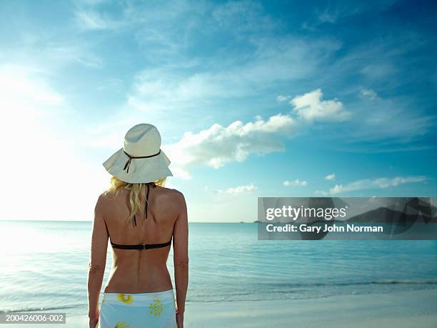 woman on beach, rear view, close-up - darkwood beach foto e immagini stock