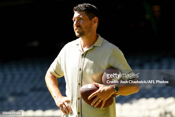 Hawthorn development coach and former NFL punter and AFL footballer, Arryn Siposs watches on during the Super Bowl Live Site/ VIP Party at Marvel...