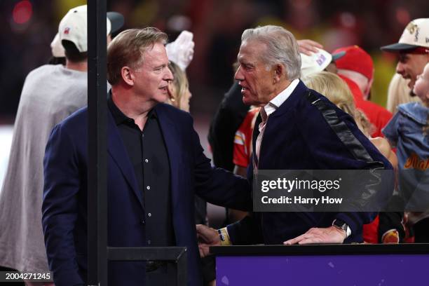 Commissioner Roger Goodell talks with NFL Hall-of-Famer John Elway after the Kansas City Chiefs defeated the San Francisco 49ers 25-22 during Super...