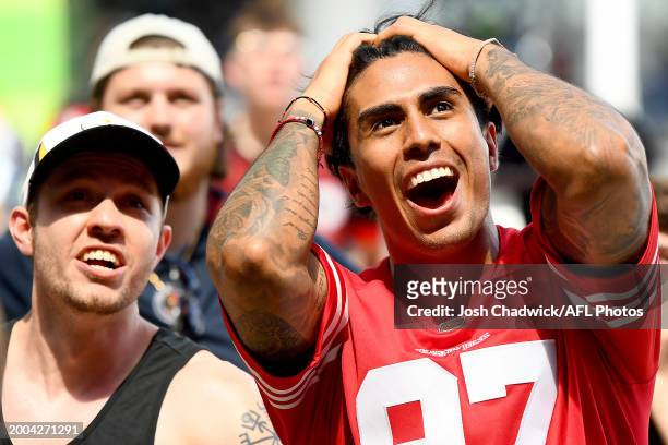 San Francisco 49ers fan reacts during the Super Bowl Live Site/ VIP Party at Marvel Stadium on February 12, 2024 in Melbourne, Australia.