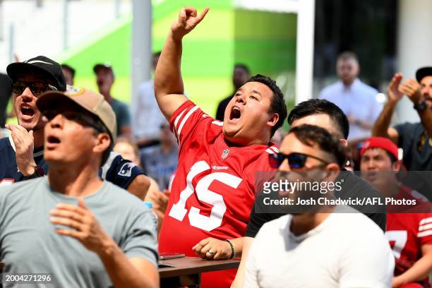 San Francisco 49ers fan reacts during the Super Bowl Live Site/ VIP Party at Marvel Stadium on February 12, 2024 in Melbourne, Australia.