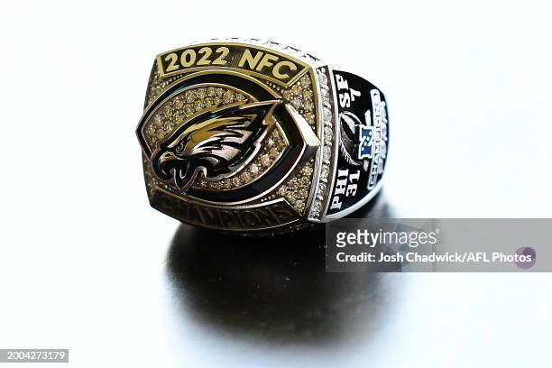 Detailed view of a 2022 NFC Champions ring worn by Hawthorn development coach and former NFL punter and AFL footballer, Arryn Siposs during the Super...