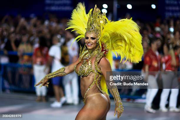 Queen of drums, Viviane Araujo of Salgueiro performs during 2024 Carnival parades at Sapucai Sambodrome on February 11, 2024 in Rio de Janeiro,...