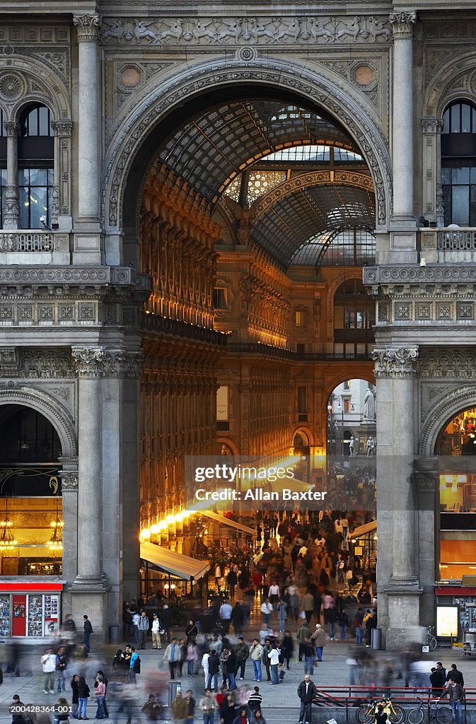 Italy, Milan, Galleria Vittorio Emanuele entrance, elevated view, dusk