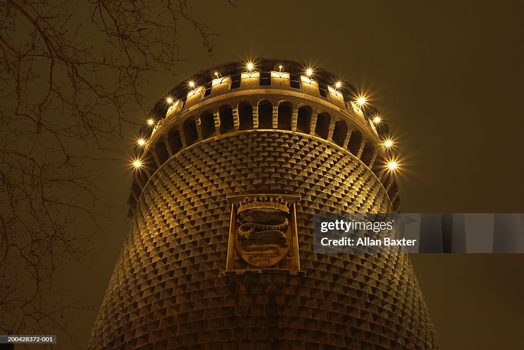 Italy, Milan, Castello Sforzesco, illuminated at night, low angle view