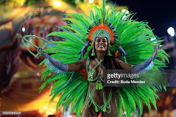 Member of Salgueiro performs during 2024 Carnival parades at Sapucai Sambodrome on February 11, 2024 in Rio de Janeiro, Brazil.
