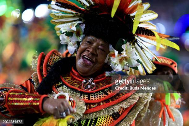 Member of Salgueiro performs during 2024 Carnival parades at Sapucai Sambodrome on February 11, 2024 in Rio de Janeiro, Brazil.