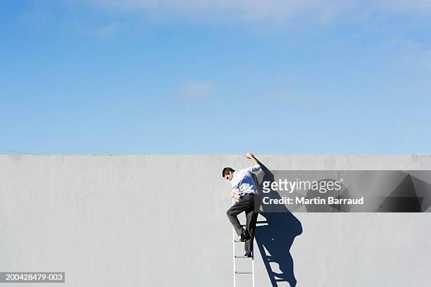 businessman at top of ladder, holding edge of concrete wall, rear view - fuggire foto e immagini stock