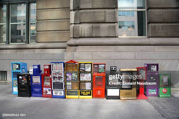 canada, ontario, toronto, row of newspaper boxes on urban sidewalk - newspaper box stock pictures, royalty-free photos & images