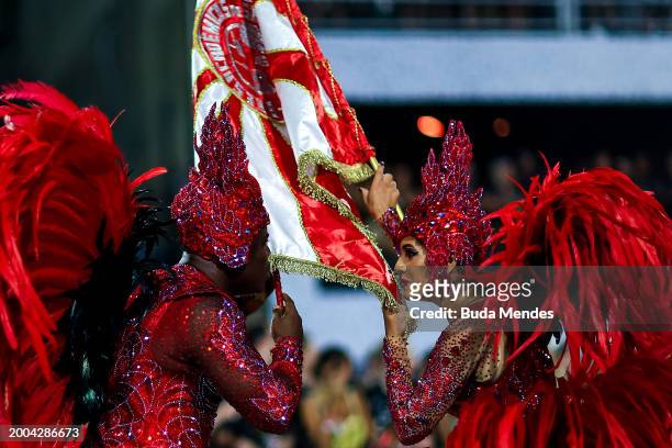 Members of Salgueiro perform during 2024 Carnival parades at Sapucai Sambodrome on February 11, 2024 in Rio de Janeiro, Brazil.