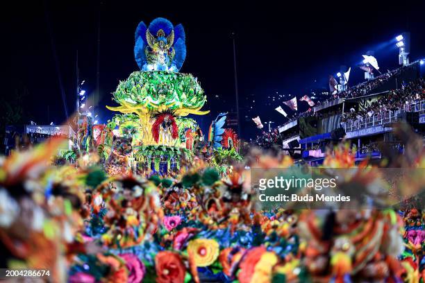 Members of Salgueiro perform during 2024 Carnival parades at Sapucai Sambodrome on February 11, 2024 in Rio de Janeiro, Brazil.