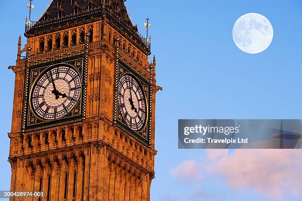 uk, london, big ben and moon in sky - moon stock pictures, royalty-free photos & images