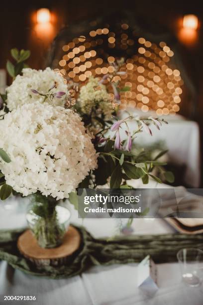 table set up for a wedding reception - white hydrangeas stock pictures, royalty-free photos & images