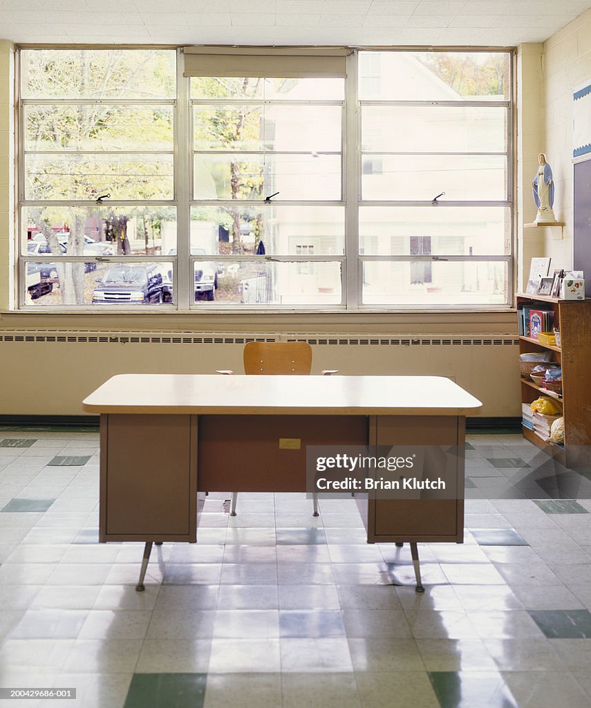 Teacher's desk in empty classroom