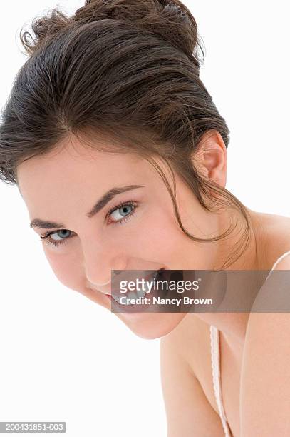 young woman smiling, portrait, close-up - brown hair blue eyes and dimples stock pictures, royalty-free photos & images