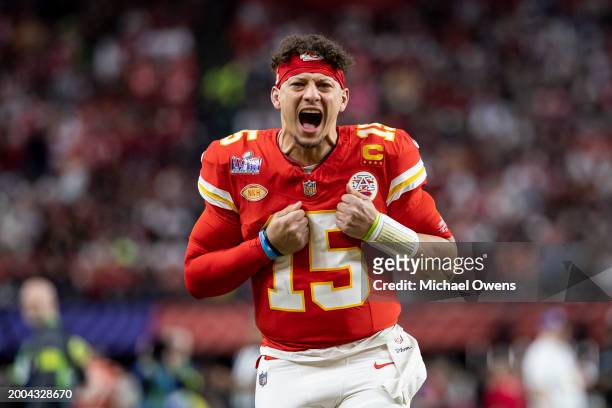 Patrick Mahomes of the Kansas City Chiefs celebrates prior to the NFL Super Bowl 58 football game between the San Francisco 49ers and the Kansas City...