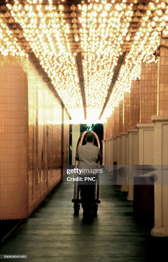 Bellhop walking with cart under ceiling of lights, rear view