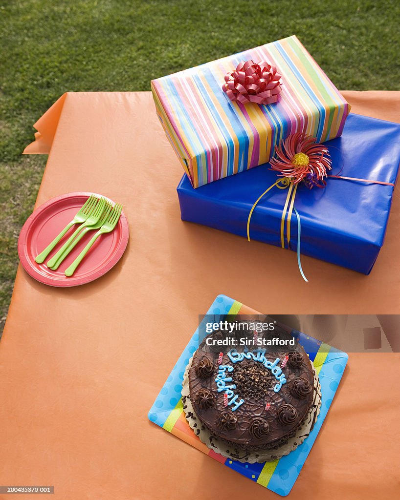 Cake and presents on table, elevated view