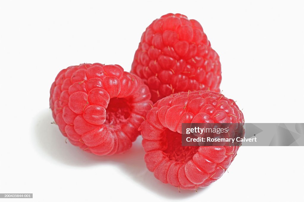 Three raspberries, close up