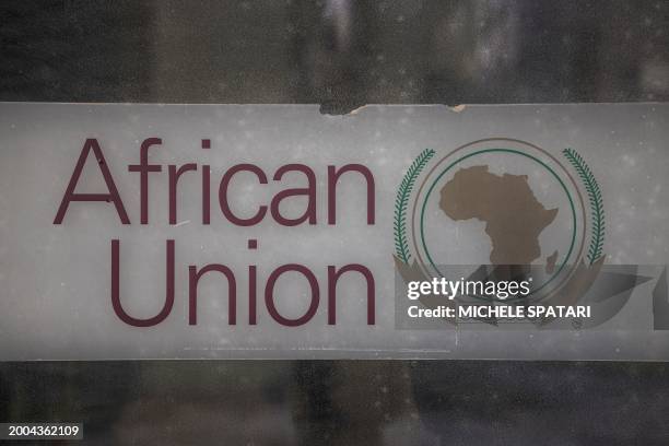 General view of the logo of the African Union at the AU headquarters in Addis Ababa on February 15, 2024.