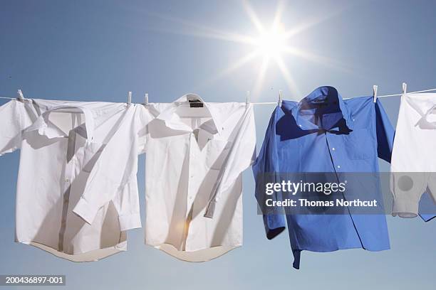 button down shirts hanging from clothesline outdoors, low angle view - weißes hemd stock-fotos und bilder