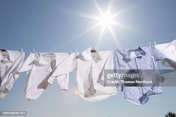 button down shirts hanging from clothesline outdoors, low angle view - corde à linge photos et images de collection