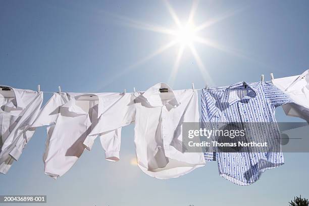 button down shirts hanging from clothesline outdoors, low angle view - washing line stock pictures, royalty-free photos & images