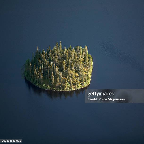 island on dark lake, aerial view - island stock pictures, royalty-free photos & images