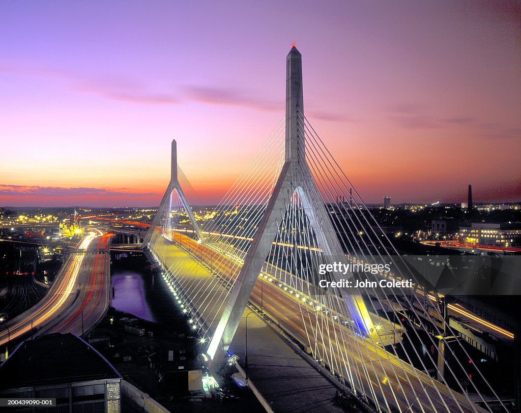 USA, Massachusetts, Boston, Leonard P. Zakim Bunker Hill Bridge, dusk