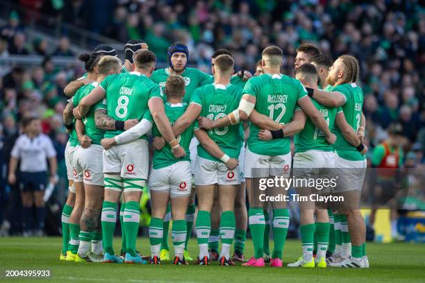 February 11: The Ireland team in a huddle during the Ireland V Italy, Six Nations rugby union match at Aviva Stadium on February 11 in Dublin,...