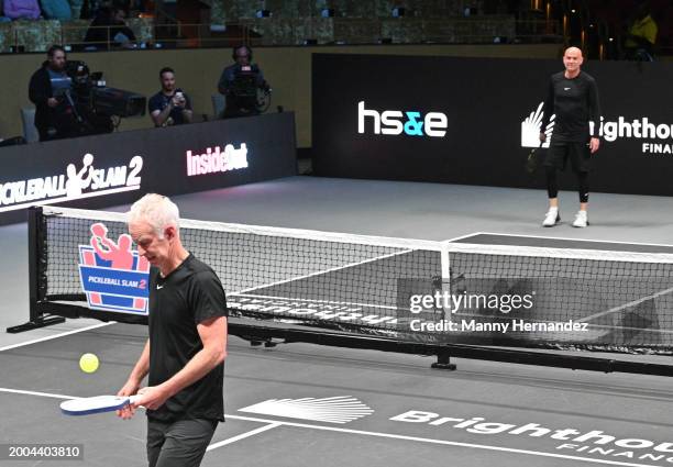 John McEnroe and Andre Agassi at Pickleball Slam 2 at Hard Rock Live at Seminole Hard Rock Hotel & Casino Hollywood on February 4, 2024 in Hollywood,...