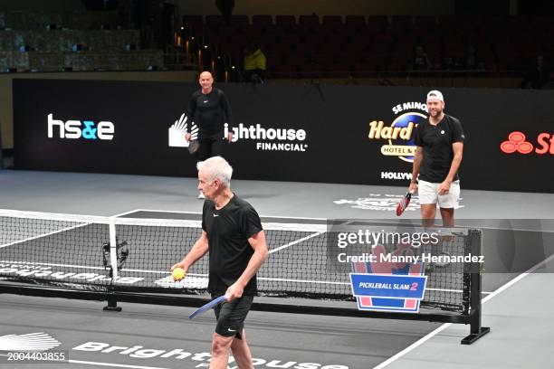 John McEnroe, Andre Agassi and Jack Sock at Pickleball Slam 2 at Hard Rock Live at Seminole Hard Rock Hotel & Casino Hollywood on February 4, 2024 in...