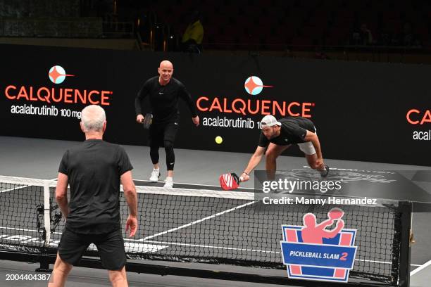 John McEnroe, Andre Agassi and Jack Sock at Pickleball Slam 2 at Hard Rock Live at Seminole Hard Rock Hotel & Casino Hollywood on February 4, 2024 in...