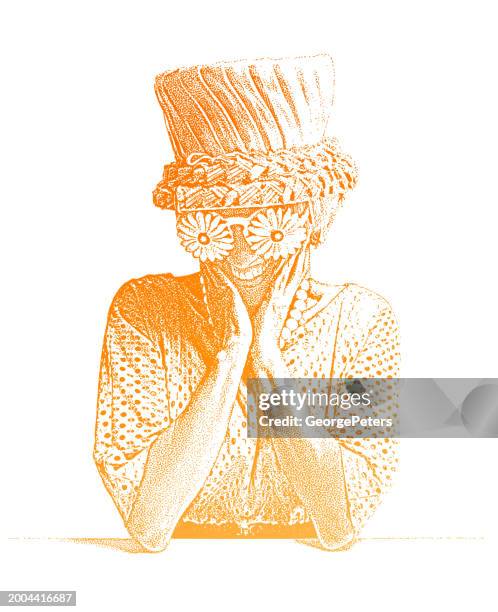 shy woman and springtime fashion - positive healthy middle age woman stock illustrations