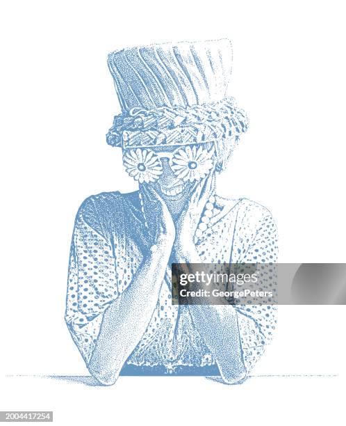 shy woman and springtime fashion - positive healthy middle age woman stock illustrations