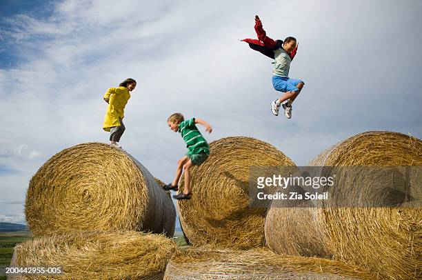 children (7-13) leaping across bales of hay, side view - friend mischief stock-fotos und bilder