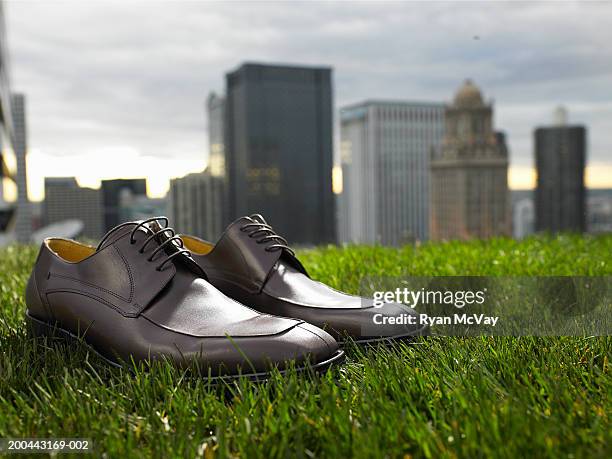 shoes on grass field in front of skyline - paio foto e immagini stock