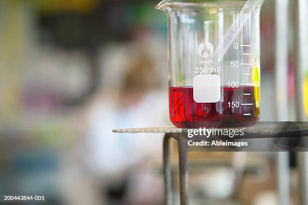 school science laboratory, flask of red liquid on tripod, close-up - mätglas bildbanksfoton och bilder