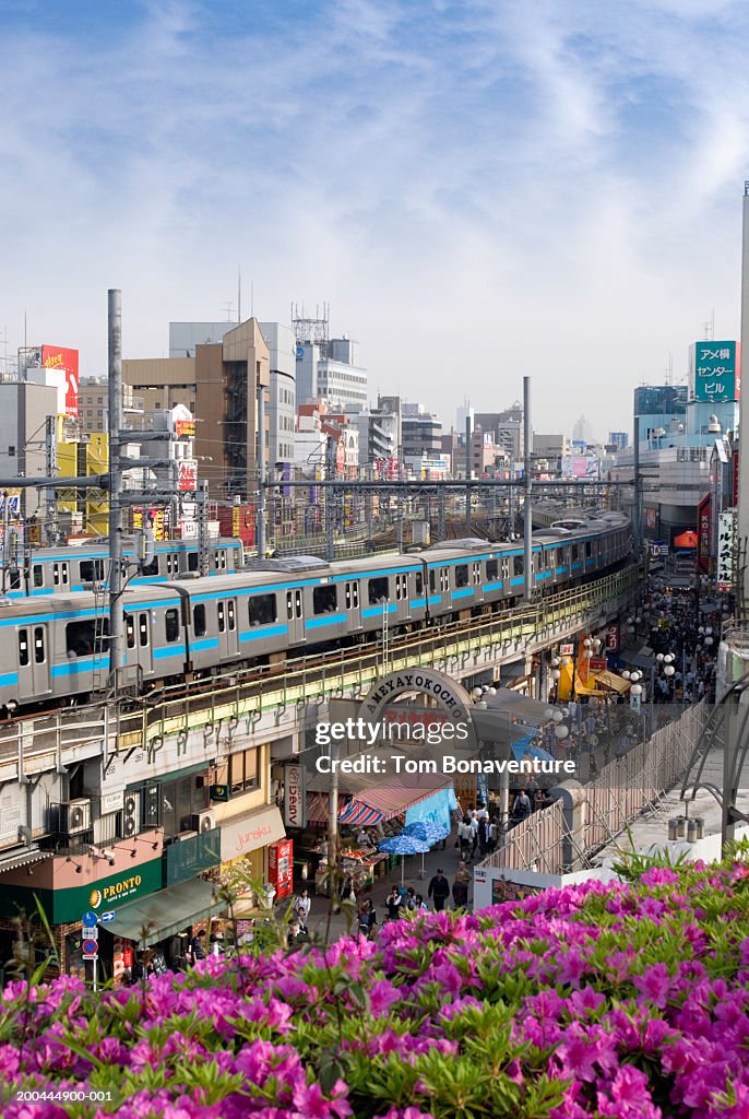 Japan, Tokyo, train passing  Ameyoko street market, elevated view
