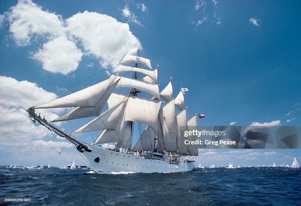 USA, Maryland, Chesapeake Bay, tall ship sailing in bay, dawn