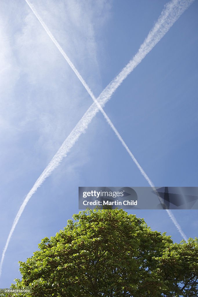 Aeroplane vapour trails forming cross-shape in sky