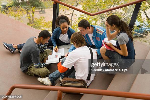students studying on staircase landing, elevated view - boys foto e immagini stock