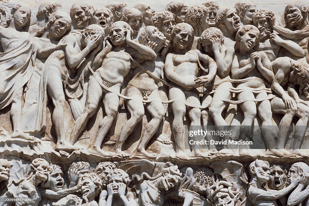 Italy, Umbria, Orvieto, stone carving on the Duomo, close-up