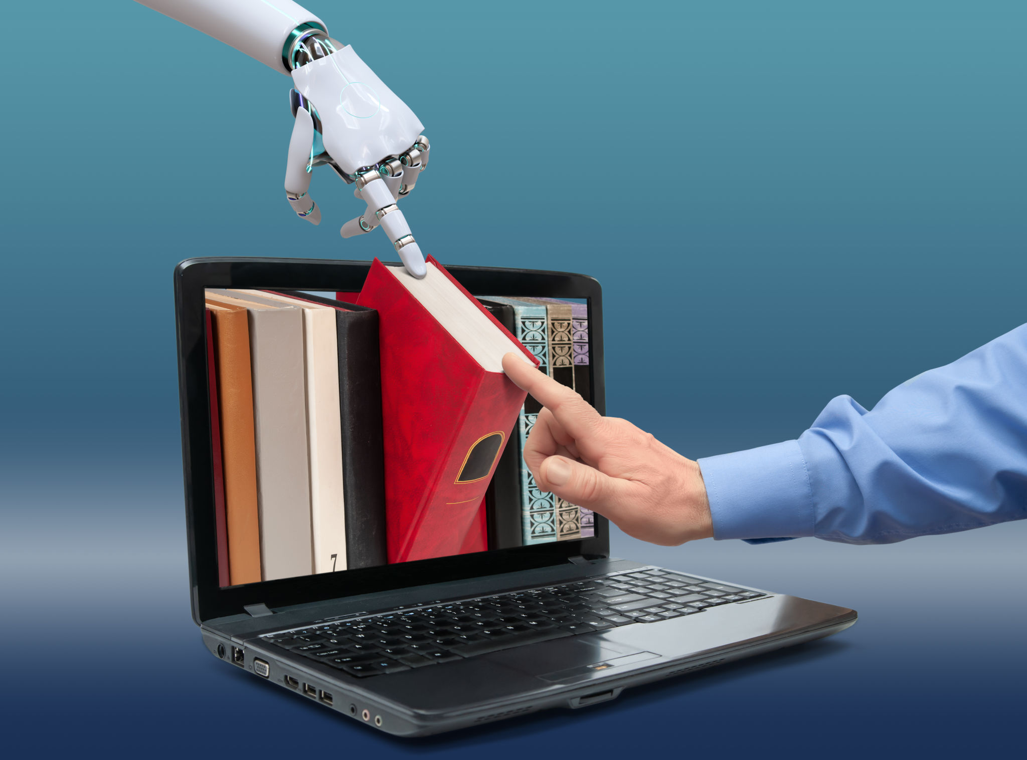 Open laptop with books on screen, human and robot hands touching the book, isolated on a delicate blue gradient background. Concept of deep learning artificial intelligence based on literature. Open laptop with books on screen, human and robot hands touching the book, isolated on a delicate blue gradient background. Concept of deep learning artificial intelligence based on literature.