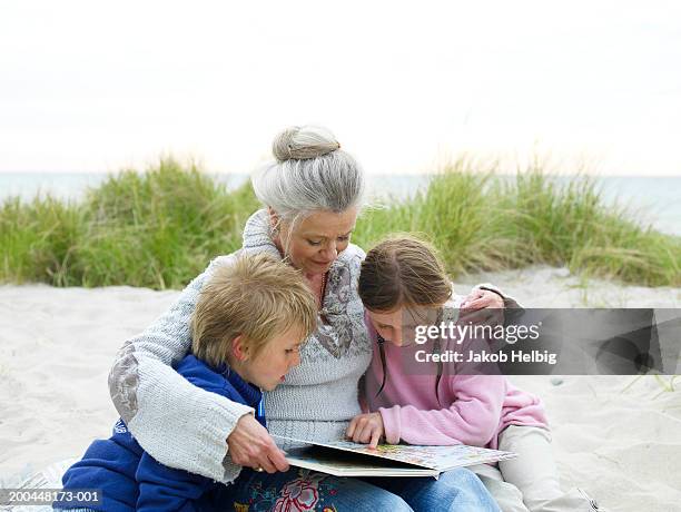 Grandmother Reading Book To Grandchildren On Beach, Foto stock